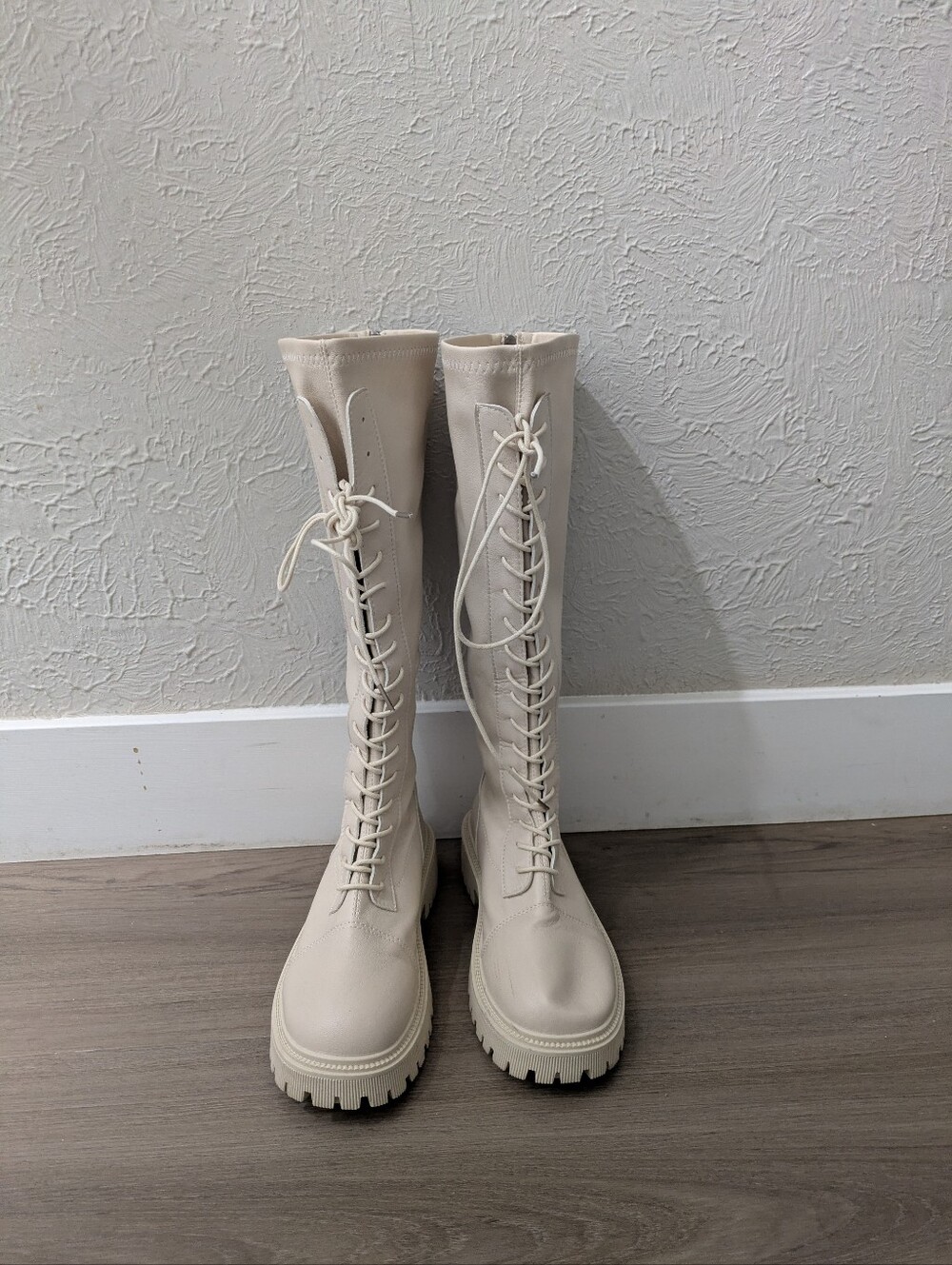 Tall Lace-Up Chunky Sole Women's Boots in Cream